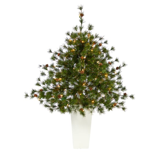 3.5ft. Pre-Lit Colorado Mountain Pine Artificial Christmas Tree in White Tower Planter, Clear Lights